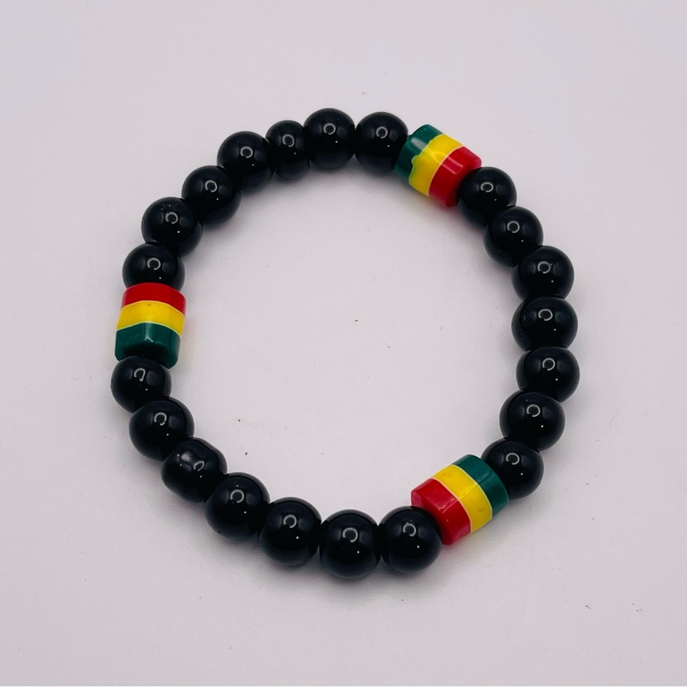 Black Onyx and Rasta Bead Stretch Bracelet Unisex Ethiopian Unity